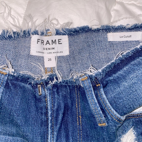 Le Beau Distressed High-Rise Denim Shorts frame - Picture 3 of 5